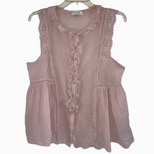 MAX STUDIO L 100% Cotton Eyelet Embroidered Sleeveless Neutral Rose Bohemian Top